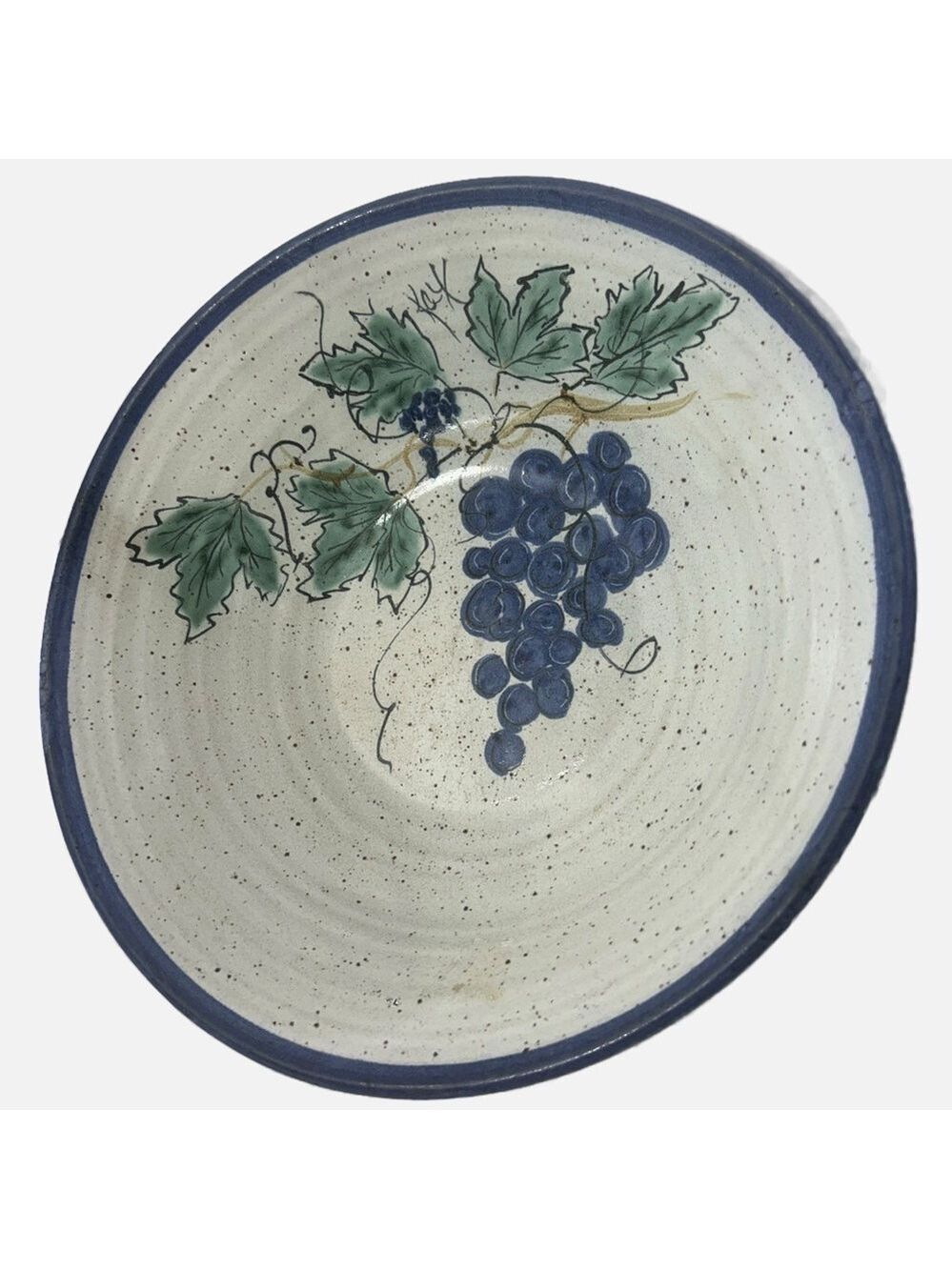 Vintage Studio Art Pottery Speckled Large Serving Bowl Grapes Leaves Handpainted